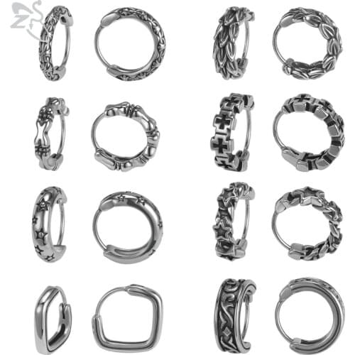 ZS Stainless Steel Hoop Earrings for Man Women Cross Wing Star Round Circle Earring Punk Rock Roll Hip Hop Ear Earring Vintage