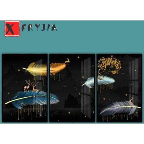 3pcs Diamond Painting Colored feathers Cross Stitch full round square Diamond Embroidery mosaic Picture Of Rhinestone Home Decor