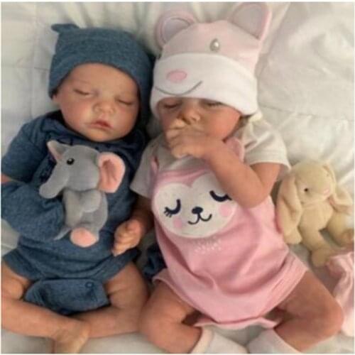 44 cm 17 inch Twin Silicone Hand Painted Brown Hair Reborn Baby Doll Smile Newborn Princess Hat Birthday Gift Toy Soft Vinyl