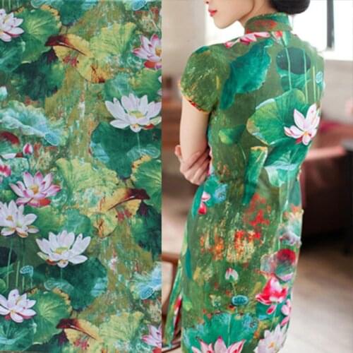 50*140cm Lotus Pattern Linen Cotton Material for Dress Green Lotus Curtain Tissu Tecido Ethnic Fabric