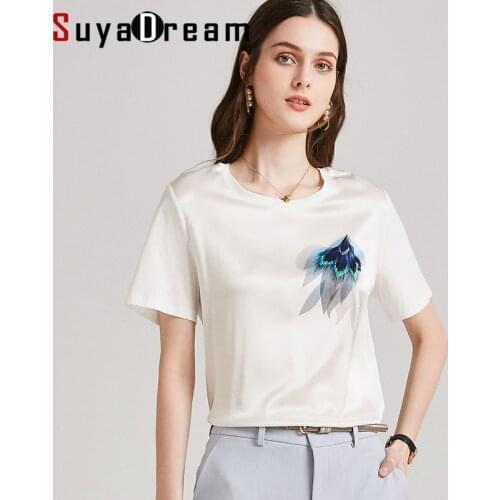 SuyaDream Women WhiteT Shirt Real Silk and Cotton O Neck Short Sleeves Shirt 2021 Spring Summer Silk Top