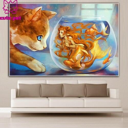 Square round Drill Cat and the mermaid in the fish tank Diy Diamond Painting Cross Stitch Mosaic Embroidery Pattern rhinestone