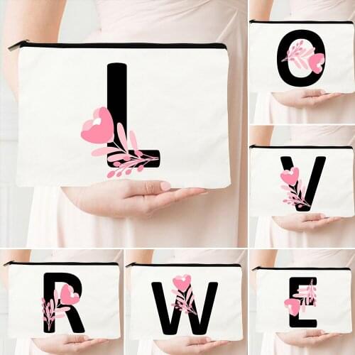 Pink Flowers Bride Cosmetic Bag English Alphabet Print Eco Storage Bags Ladies Travel Toiletries Makeup Bag Valentines Gifts