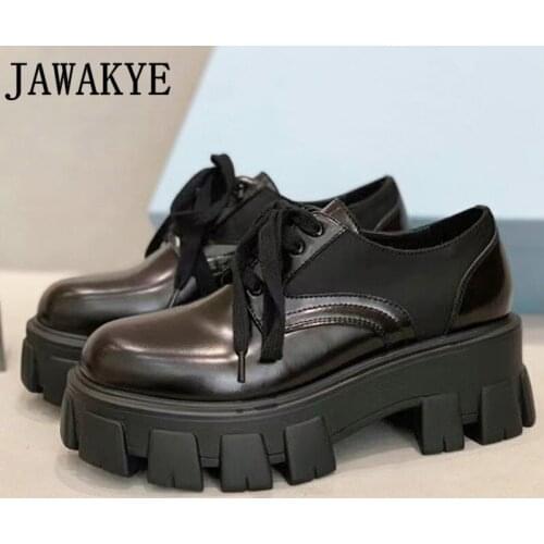 Black Genuine Leather Lace up Loafers Shoes For Women Spring Autumn Round toe Chunky Bottom Casual Punk Shoes Luxury Flat shoes