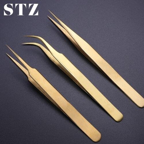 STZ 3pcs Straight+Curved Tweezers Set Clip For Eyelashes Lash Extension Curler Lamination Golden Make-up Nail Accessory G01-03