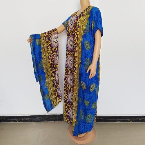 New Fashion 2021 African Dresses Women O-collar Short Bat Sleeve Daily Robe With Scarf Floral Print American Apparel