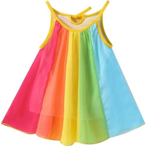 New Style Novelty Summer Childrens Clothing 2021 Girls Rainbow Color Skirt Striped Shoulder Strap Knee Length Dress 2-6y