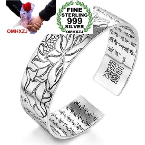 OMHXZJ Wholesale fashion Lotus heart sutra woman kpop star Fine 990 Sterling Silver opening bracelet gift Bangles SZ24