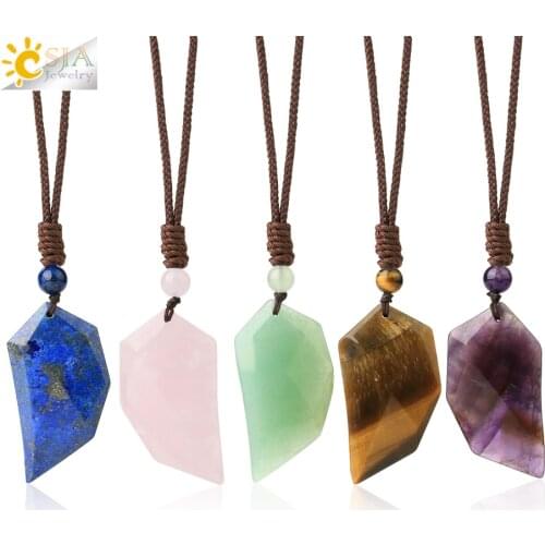 CSJA Angel Wings Necklace Natural Crystal Stone Pendants Lapis Lazuli Purple Pink Quartz Tiger Eye Jewelry Adjustable Rope G658
