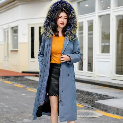 Parka Real Fur Coat Female Real Rabbit Fur Liner Long Trench Coats Winter Jacket Women Raccoon Fur Collar Parkas MY3720