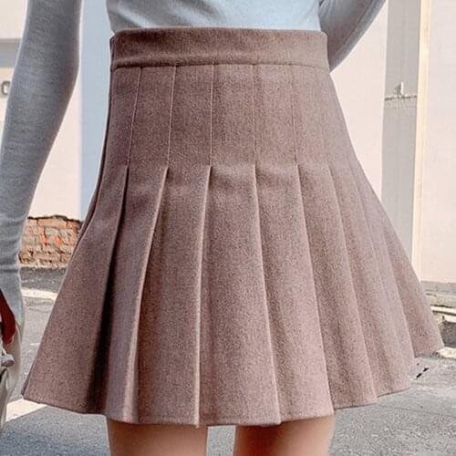Pleated Wool High Waist Solid Woman Mini Skirt A-Line Woolen Preppy Style Korean Above-knee Skirts For Girls 2021 Summer Sweet
