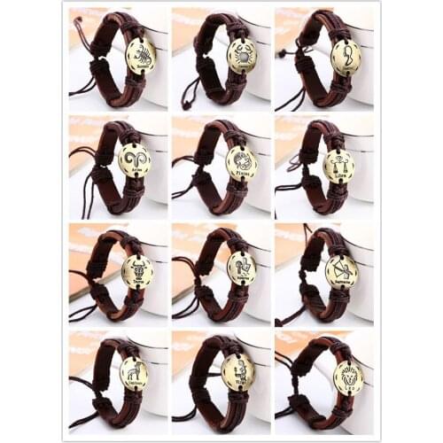 QianBei QianBei Vintage 12pcs/lot Constellations Braided Leather Bracelet 12 Zodiac Charms Bracelets Bangle Cuff Jewelry Women