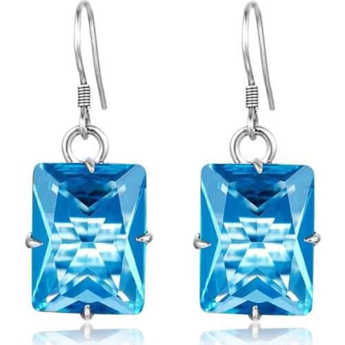 Szjinao Blue Topaz Women Earrings 2020 Silver 925 Vintage Earrings Gemstone Square Shape Viking Fine Jewellery Engrave Kolczyki