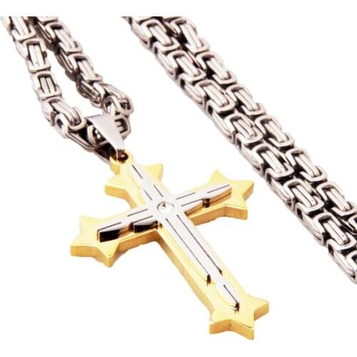 Heavy Double Cross Necklace Pendant Byzantine Chain Solid Stainless Steel Link Friend Lucky Gift Christian Accessories Hot Sale