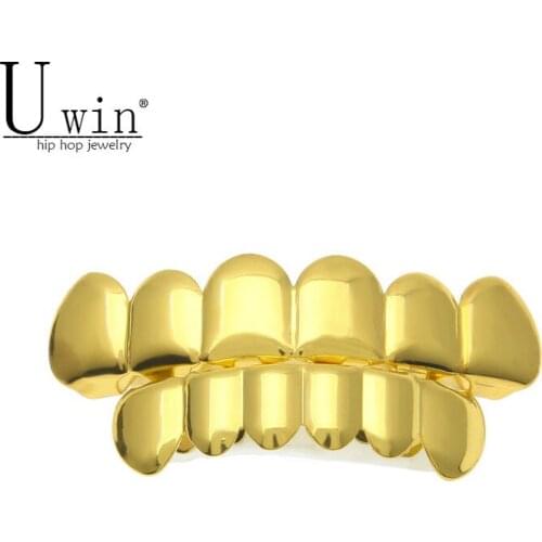 UWIN Real Shiny! Gold silver color Color HIP HOP Teeth Grills Top & Bottom Set With silicone Vampire teeth Christmas Gift