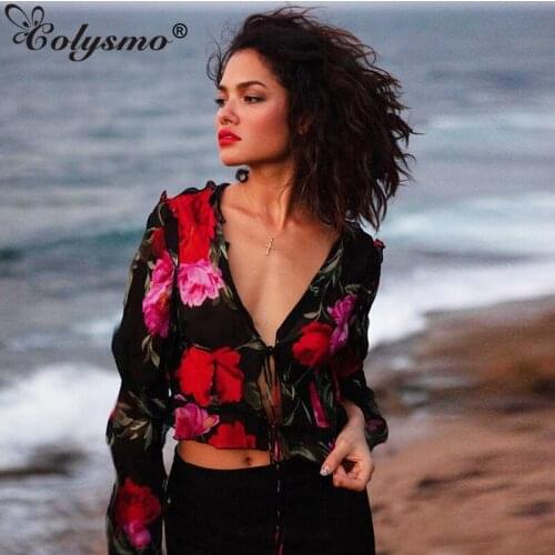 Colysmo Floral Print Shirt Lace up Long Sleeve Crop Top Cut out Sexy Slim Fit Chiffon Blouses Women Casual Beach Party Outfits