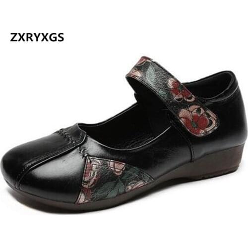2020 New Classic Retro Printing Women Shoes Flat Shoes Soft Sole Comfortable Mother Shoes Fashion Genuine Leather Ladies Shoes
