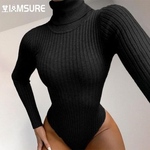Casual Solid Ribbed Turtleneck Rompers Sexy Jumpsuit Black Long Sleeve Bodysuit Winter 2020 Elegant Body Femme High Neck Slim