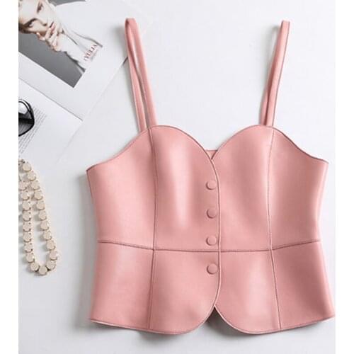 Stylish Colorful Leather Vest Women 2021 Autumn French Fashion Outer Inner Wear Sleeveless Mujer V-neck Pink Sexy Slim Sling