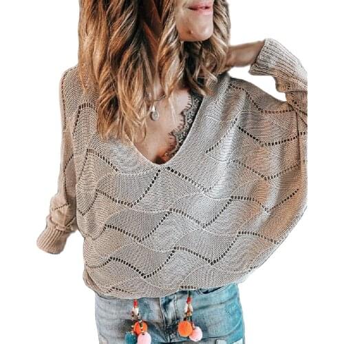 2021 Autumn And Winter New Ladies Casual V-Neck Hollow Solid Color Bat Sleeve Knitted Long-Sleeved Sweater