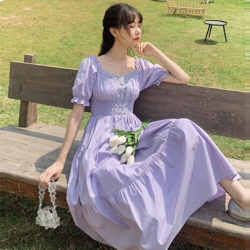 2020 Summer The New Purple Elegant Lace Maxi Dress Vintage Square Collar Female Franch Dress Casual Holiday Lady Vestidos