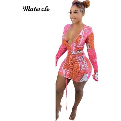 Mutevole Sexy Deep V Neck Paisley Print Mini Dress Women Flare Sleeve Bodycon Party Dress Drawstring Patchwork Slim Short Dress