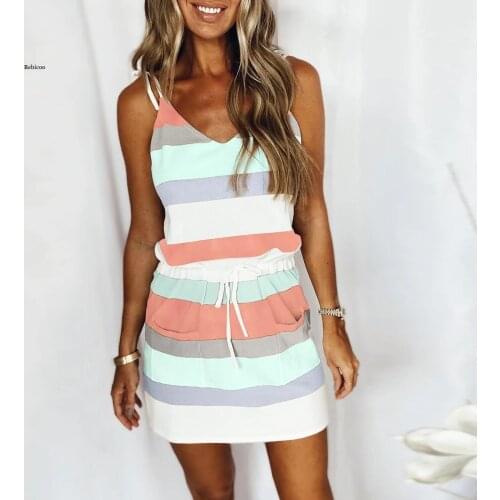 Womens Striped Print Mini Dress with Pocket Sleeveless Bandage Boho Dress with Belt Summer Dress New