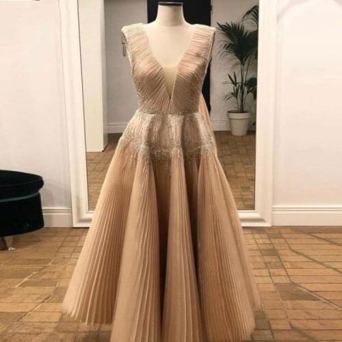 Dubai Champagne Prom Gown Long robe de soiree abiye Pleats Prom Gowns Swing abendkleider vestido de festa longo