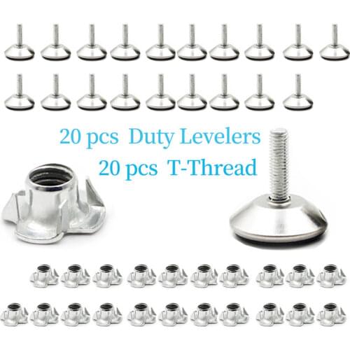 20Pcs Adjustable Furniture Feet Leveling Glides Chair Leg Levelers with T-Thread Kit for Couches Table Metal Plastic Slider Pads