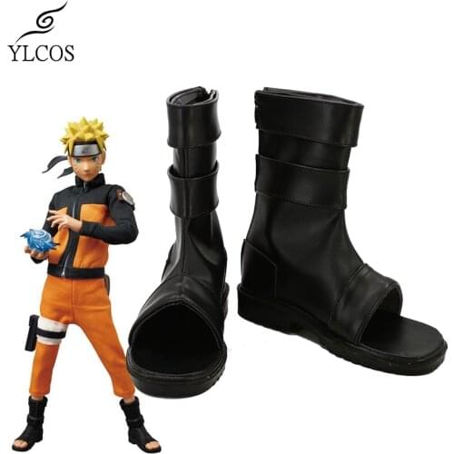 Anime NARUTO Uzumaki Naruto Cosplay Shoes Halloween Party Black Leather Boots Custom Made