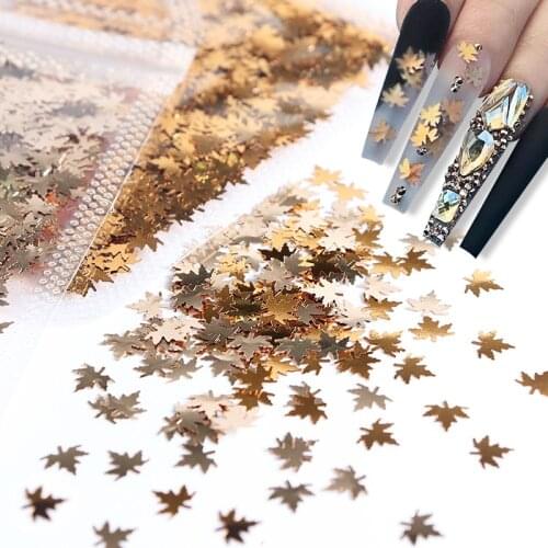 Sparkly Mirror Maple Leaf Sequins Metallic Leaves Nail Glitter Flakes For Manicure Autumn Winter Xmas Nail Art Supplies RK140165