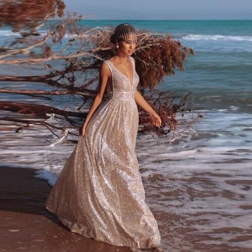 Boho Style Prom Dress Sequins abiye abendkleider Custom Modest Long Evening Dresses Chic Champagne Vestido De Festa Longo