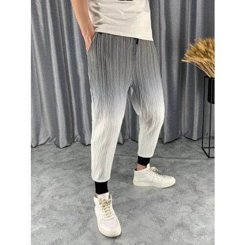 HOT SELLING Miyake fold Gradient color pants mens trend hip-hop summer new slim harem beam leg pants nine points IN STOCK