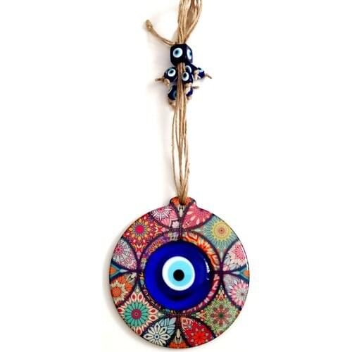 Wood Mandala Patterned Glass Evil Eye Wall Ornament Unusual Gift Decor