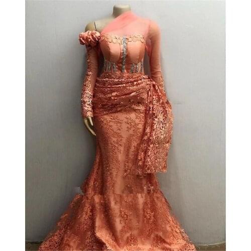 Elegant Formal African Long Sleeves Lace Mermaid Evening Dresses 2021 Aso Ebi Long Sleeves Pleats Prom Gowns Robe De Soiree