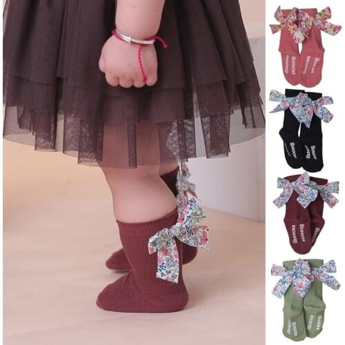 Toddler Infant Baby Girls Cotton Crew Socks Vintage Floral Bowknot Ribbed Knitted Anti-Slip Grips Newborn Long Stockings 0-5Year