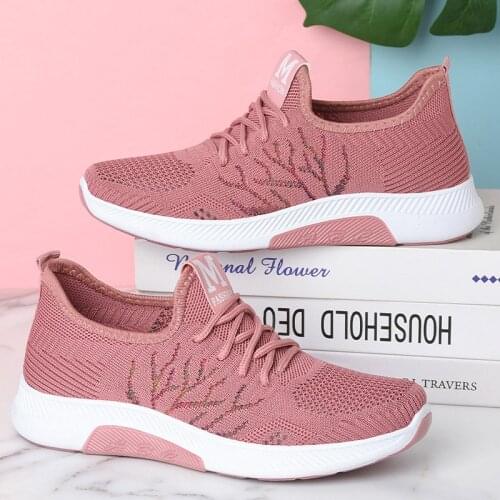 New Ladies Vulcanized Shoes Sneakers Ladies Knitted Breathable Lace-up Walking Shoes Ladies Casual Comfortable Soft Sole Flats