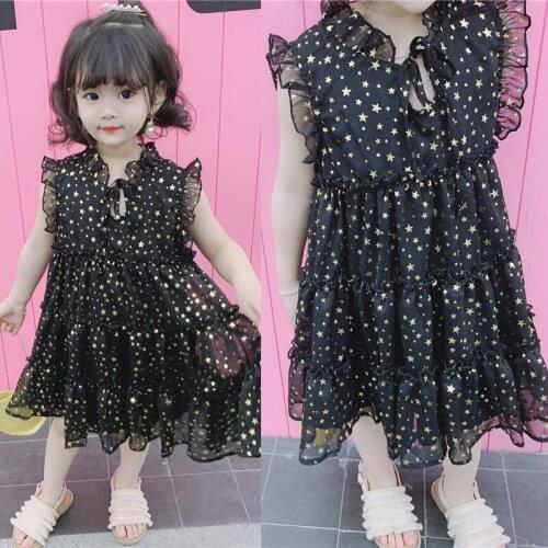 Summer Cute Black White Summer girl sleeveless fashion princess dress baby Chiffon Girls Dresses Kid Girl Party Dress Sleeveless