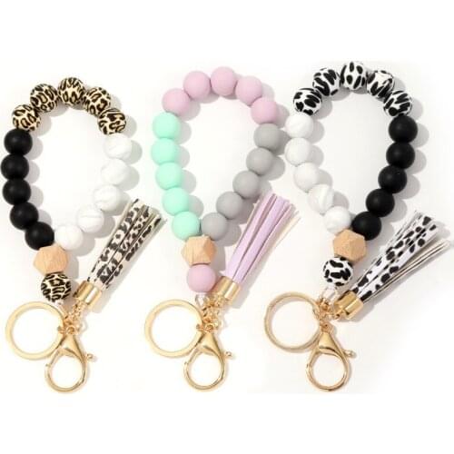 New Wooden Leopard Bracelet Silicone Beads Circle Keychain Simple PU Leather Long Tassel Wristlet Keyring For Women Girl Present