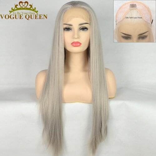 Vogue Queen Platinum Blonde Synthetic Lace Front Wig Long Silky Straight Heat Resistant Fiber Daily Wear For Women