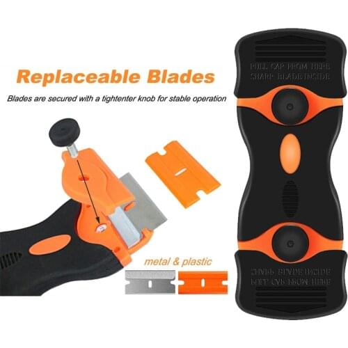 Cleaner Razor Scraper Ceramic Glass Car Window Film Glue + 20pcs Razor Blade Tint Wrap Sticker Squeegee Tool Orange/Yellow Black