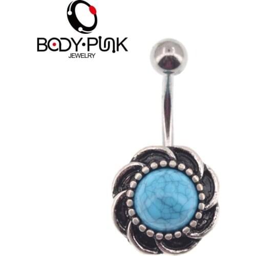 BODY PUNK Trendy Piercing Jewelry Navel Ring Body Feminino Surgical Steel Blue Stone Vintage Belly Button Rings for Women