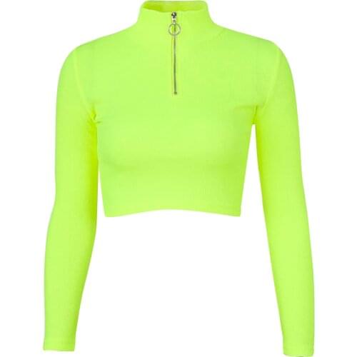 Women High Neck Rib Crop Top T-shirt Long Sleeve Crop Shirt Solid High Neck Front Zipper T-Shirt Autumn Spring Fashion Moto Punk