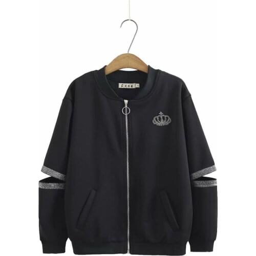 Plus size Solid black stand collar zipper women loose jackets 2021 new spring autumn casual ladies hollow out long sleeve coats