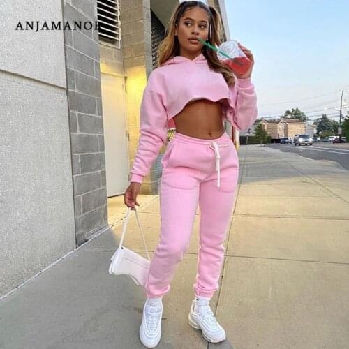 ANJAMANOR Thick Warm Fleece Women Tracksuit 2 Piece Set Winter Clothes Plus Size Crop Hoodie Pants Joggers Sweat Suits D8-CI40