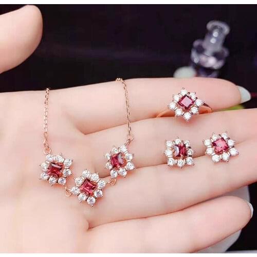 【FS jewelry】 Natural garnet luxury flower real S925 Silver Earring Ring Pendant Necklace Set Fashion Womens jewelry