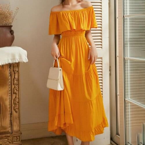 2021 Summer Women Party Dress Ankle-length Solid Ruffle Cotton Robe Off Shoulder Backless Elegant Maxi Vacation Dresses