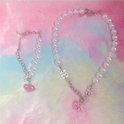 Y2K Jewelry Letter Heart Necklace for Women Cool Vintage Harajuku 90s Aesthetic Pearl Necklace Charms Friendship Gifts New