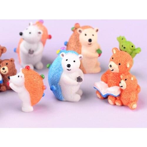 10PCS Resin Miniature Animals Figurines Kawaii Hedgehog Bear Micro Landscape Fairy Garden Plant Pot Ornament Garden Decor DIY