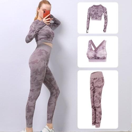 2021 Camouflage Print Women Seamless Yoga Set Fitness Sportswear Women Gym Yoga Suit 3 Pcs Yoga Sports Workout Running Clothes
